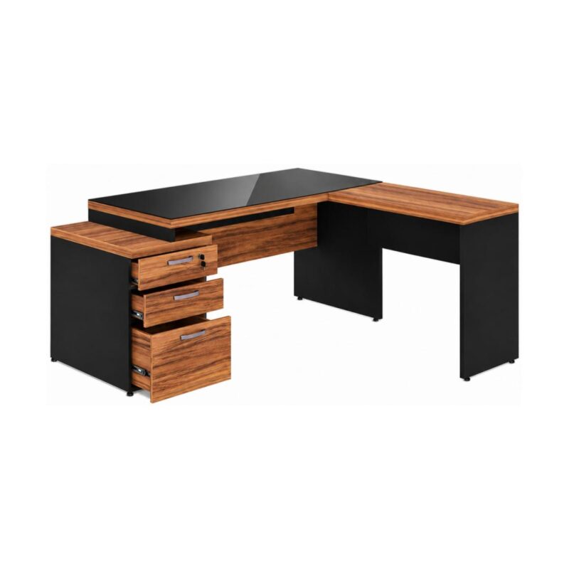 Móveis para Escritório Mesa de Escritório em L Diretor C/VIDRO 1,92 x 1,60 Tampo 40mm com Gaveteiro – Nogal Sevilha  / Preto - 21407