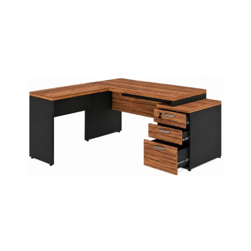 Móveis para Escritório Mesa de Escritório em L Diretor 1,92 x 1,60 Tampo 40mm com Gaveteiro – Nogal Sevilha  / Preto - 21406