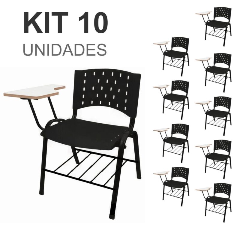 KIT 10 Cadeiras Universitárias PRETA com porta livros - 32011