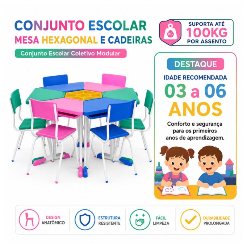 Conjunto Escolar Hexagonal com 6 Mesas e Cadeiras Baby