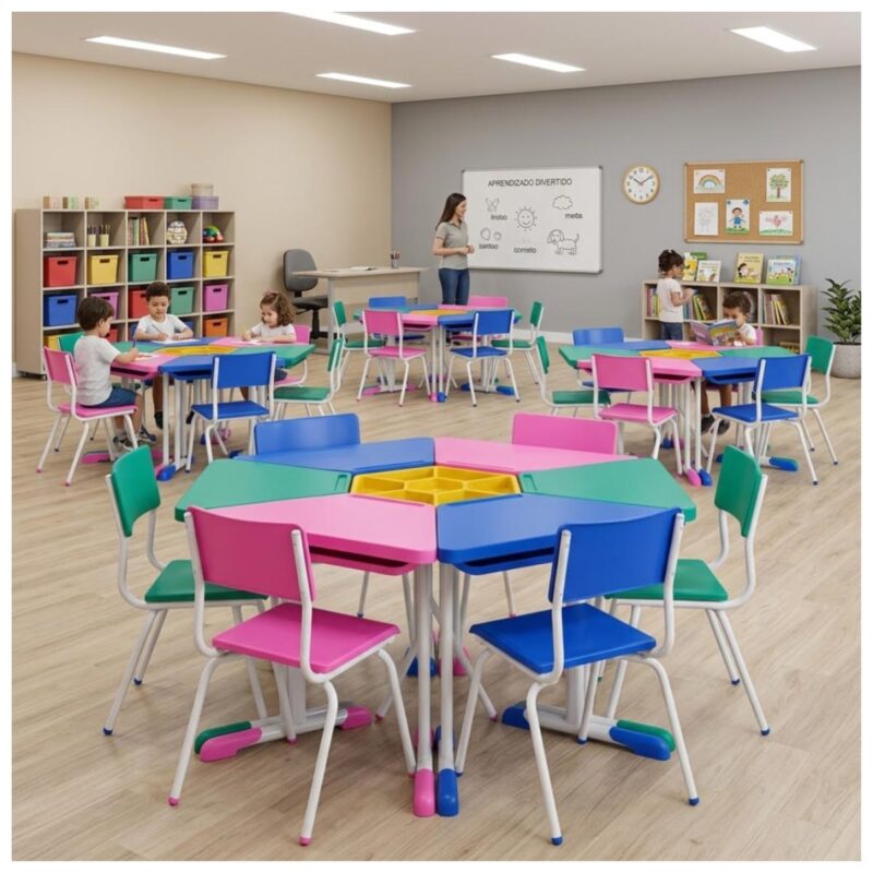 Conjunto Escolar Hexagonal com 6 Mesas e Cadeiras Baby