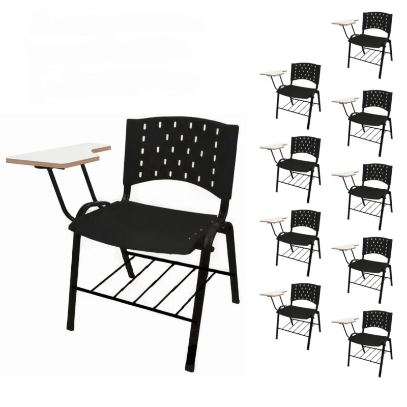 Móveis Escolares KIT 10 Cadeiras Universitárias PRETA com porta livros REALPLAST - 32011