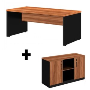 Kit Mesa Escritório Reta + Armário Baixo Credenza NOGAL SEVILHA / PRETO - 22476
