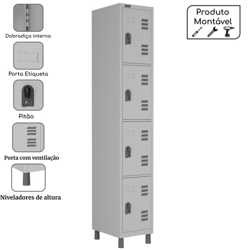 Armário Roupeiro de Aço c/ 04 Portas Pequenas - 1,76x0,32x0,35m - CZ/CZ - W3 - 10016