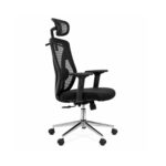 Cadeira Makkon MK-4010 em perfil lateral com apoio de cabeça, encosto curvo e assento de 50 cm de profundidade.