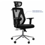 Imagem técnica do design geral da cadeira Makkon MK-4010 com apoio de cabeça e base cromada.