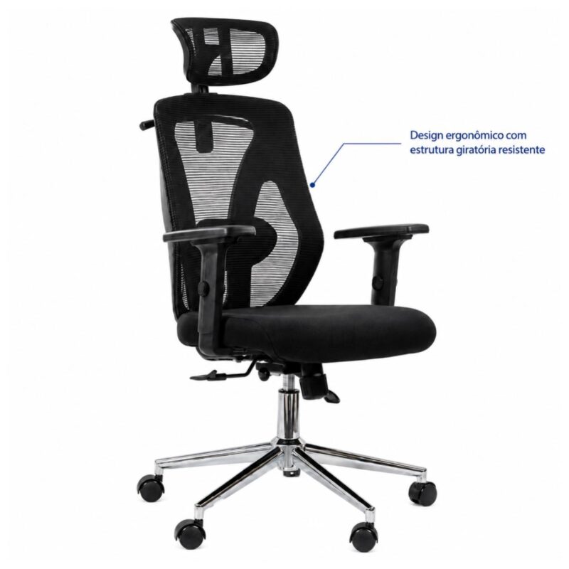 Imagem técnica do design geral da cadeira Makkon MK-4010 com apoio de cabeça e base cromada.