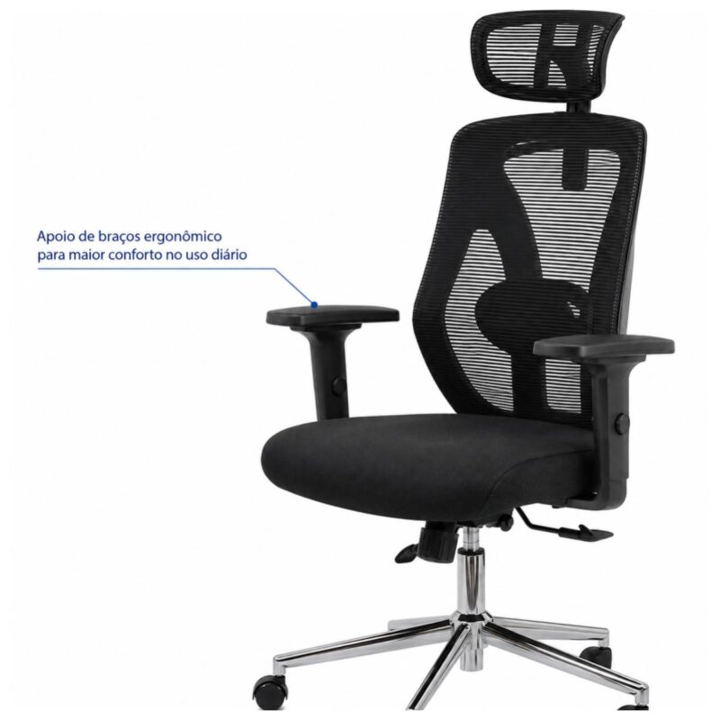 Imagem técnica dos braços com regulagem de altura da cadeira Presidente Makkon MK-4010.