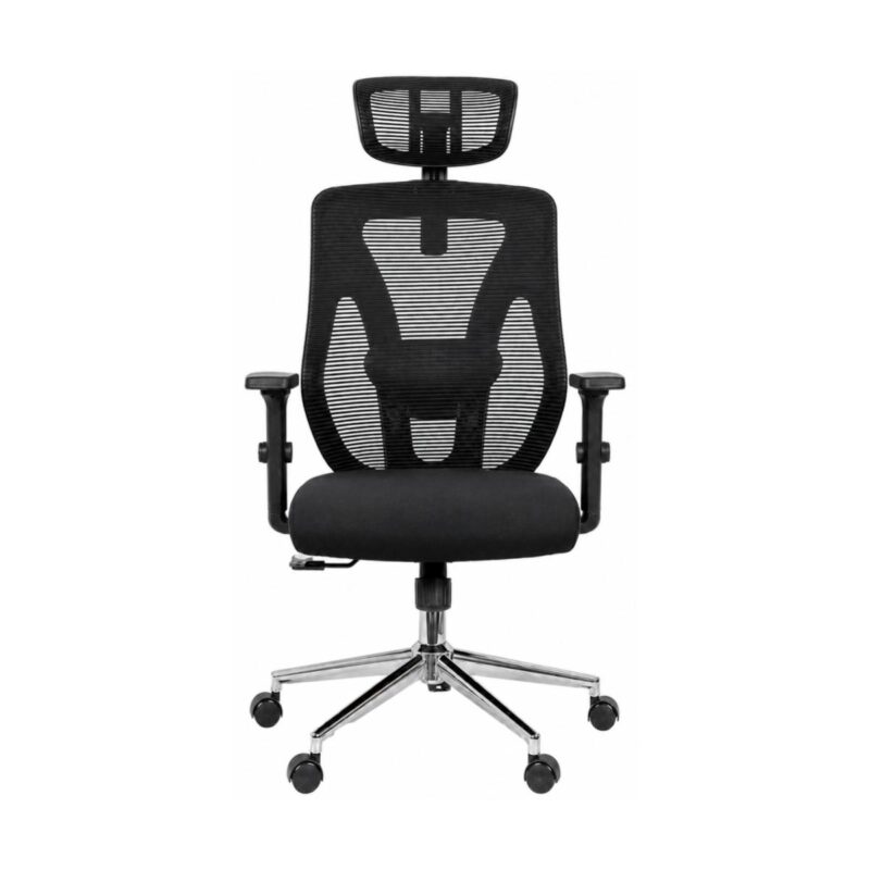 Cadeira Presidente Makkon MK-4010 em vista frontal com encosto mesh, apoio lombar e braços reguláveis.