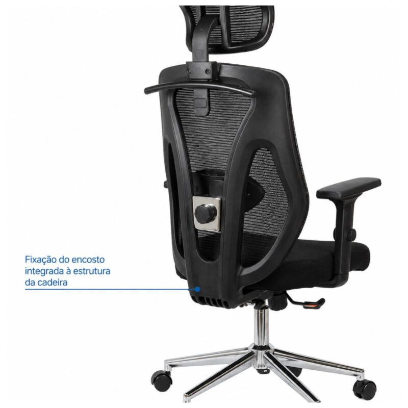 Imagem técnica da fixação do encosto ao mecanismo Syncron da cadeira Makkon MK-4010.
