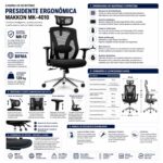 Ficha técnica da cadeira Makkon MK-4010 com certificações, materiais, regulagens, dimensões e capacidade.