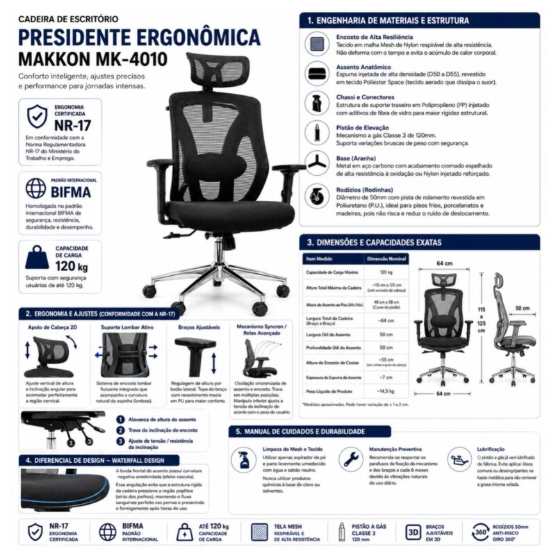 Ficha técnica da cadeira Makkon MK-4010 com certificações, materiais, regulagens, dimensões e capacidade.