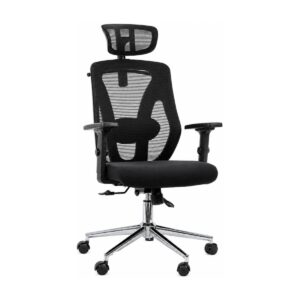 Cadeira de escritório Presidente Ergonômica Makkon MK-4010 preta com encosto em tela mesh e base cromada.