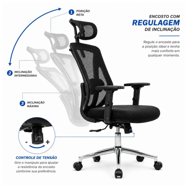 Medidas da cadeira Makkon MK-4010 com altura de 115 a 125 cm e assento de 50 por 50 cm.