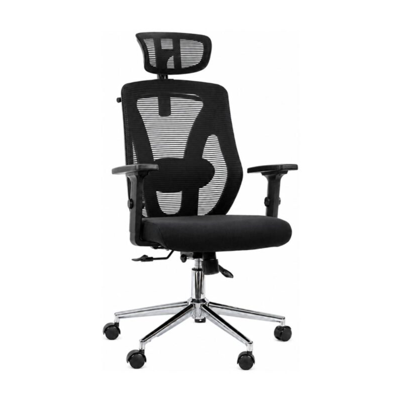 Cadeira de escritório Presidente Ergonômica Makkon MK-4010 preta com encosto em tela mesh e base cromada.