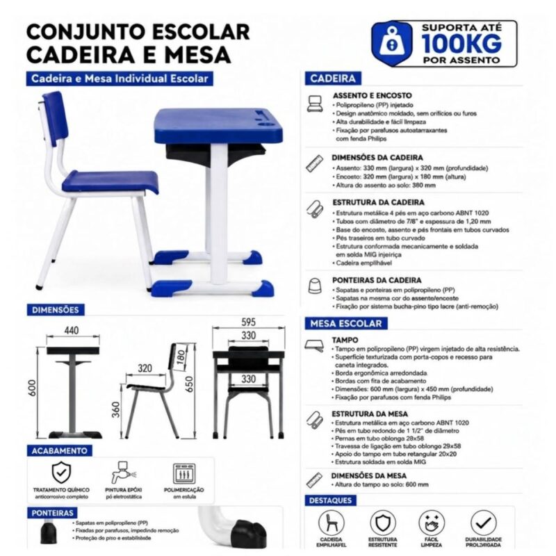 Conjunto Escolar Azul com Mesa e Cadeira 03 a 06 Anos