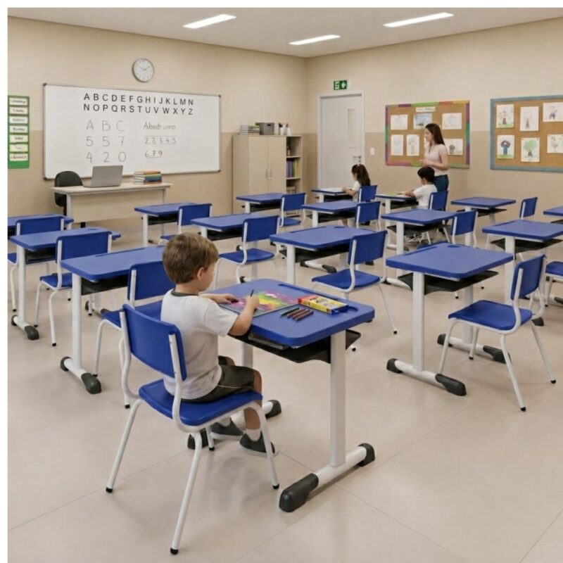 Conjunto Escolar Azul com Mesa e Cadeira 03 a 06 Anos