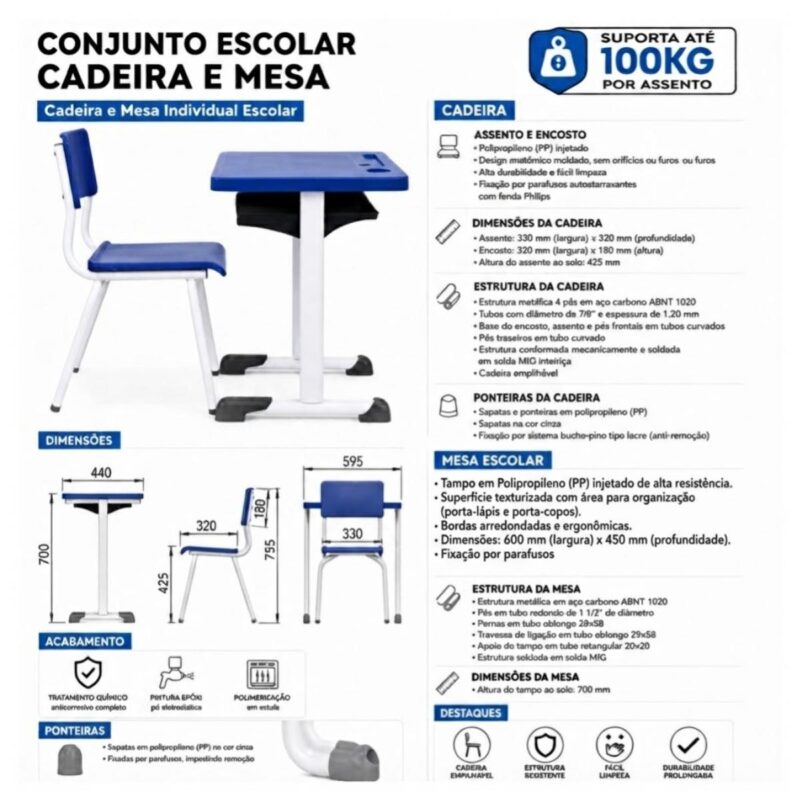 Conjunto Escolar Azul com Mesa e Cadeira 06 a 10 Anos