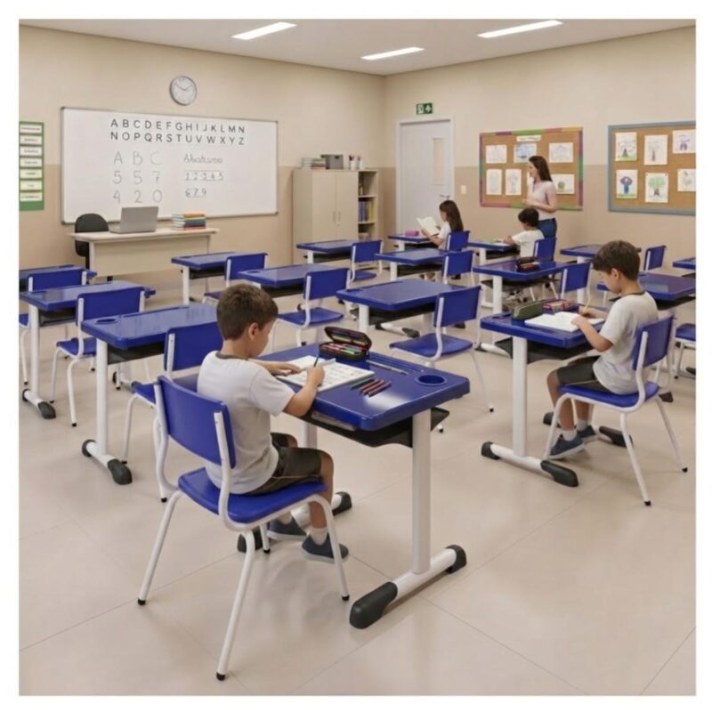 Conjunto Escolar Azul com Mesa e Cadeira 06 a 10 Anos