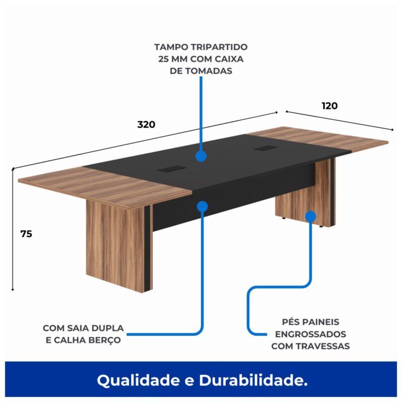 Mesa de Reunião Diretoria - 3,20X1,20m NOGAL SEVILHA/PRETO  - 22014