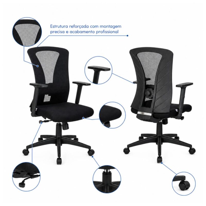Cadeira de Escritório Cadeira Ergonômica para Escritório NR17 com Tela Mesh e Relax — Preta