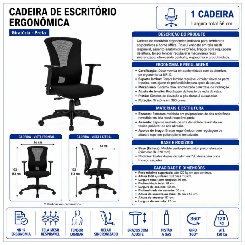 Cadeira de Escritório Cadeira Ergonômica para Escritório NR17 com Tela Mesh e Relax — Preta