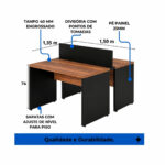 Esquema da estação dupla de 150 × 135 cm e 74 cm de altura, com gavetas, divisória central e pés painel.