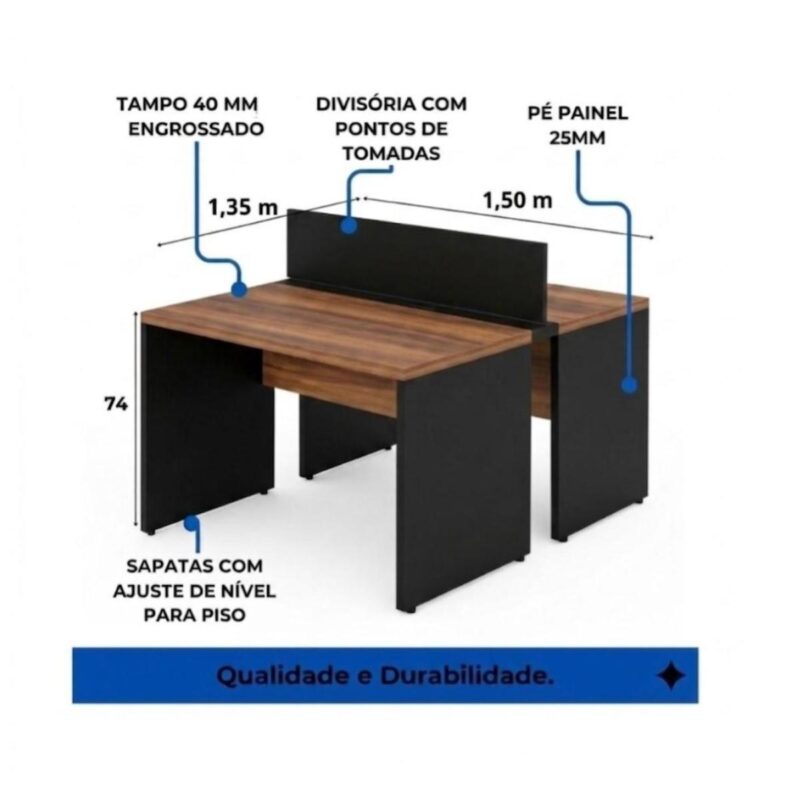Móveis para Escritório Estação de Trabalho Dupla 1,50m Mesa de Escritório Tampo 40mm com Divisória - 63087