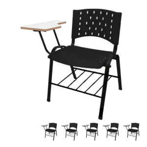 Móveis Escolares KIT 05 Cadeiras Universitárias c/ porta livros REALPLAST - Cor Preto 33013