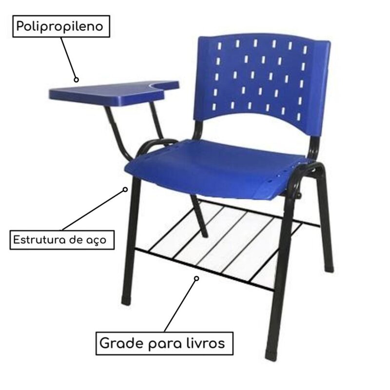 Cadeira Universitária PRANCHETA PLÁSTICA com Porta Livros - Cor Azul 32019