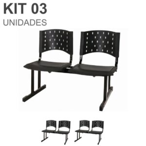 Kit 03 Cadeiras Longarinas PLÁSTICAS 02 Lugares - Cor PRETA 23019