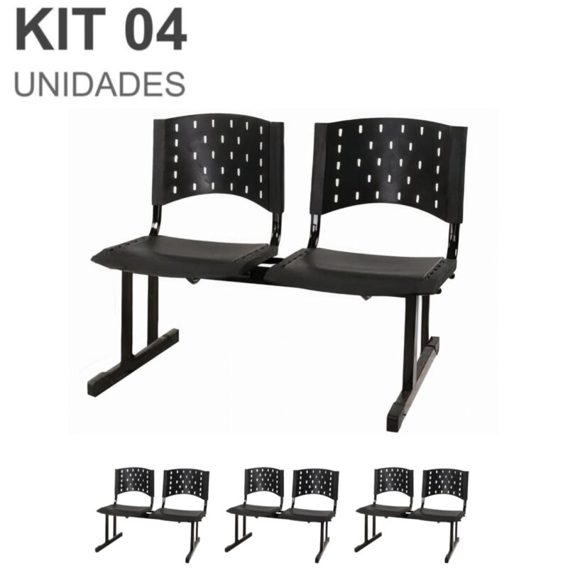 Kit 04 Cadeiras Longarinas PLÁSTICAS 02 Lugares - Cor PRETA 23020