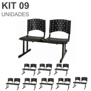 Kit 09 Cadeiras Longarinas PLÁSTICAS 02 Lugares - Cor PRETA 23025