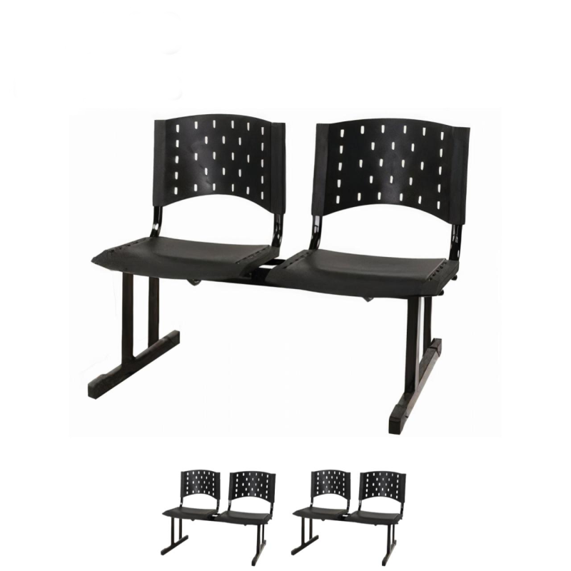 Kit Móveis Kit 03 Cadeiras Longarinas PLÁSTICAS 02 Lugares - Cor PRETA - REALPLAST - 23019