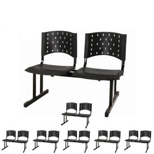 Kit 07 Cadeiras Longarinas PLÁSTICAS 02 Lugares - Cor PRETA - REALPLAST - 23023