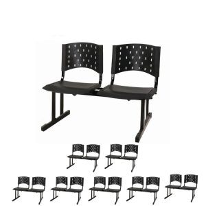 Kit 08 Cadeiras Longarinas PLÁSTICAS 02 Lugares - Cor PRETA - REALPLAST - 23024