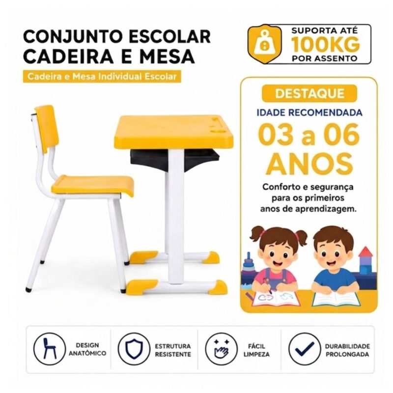 Conjunto Escolar Amarelo com Mesa e Cadeira 03 a 06 Anos