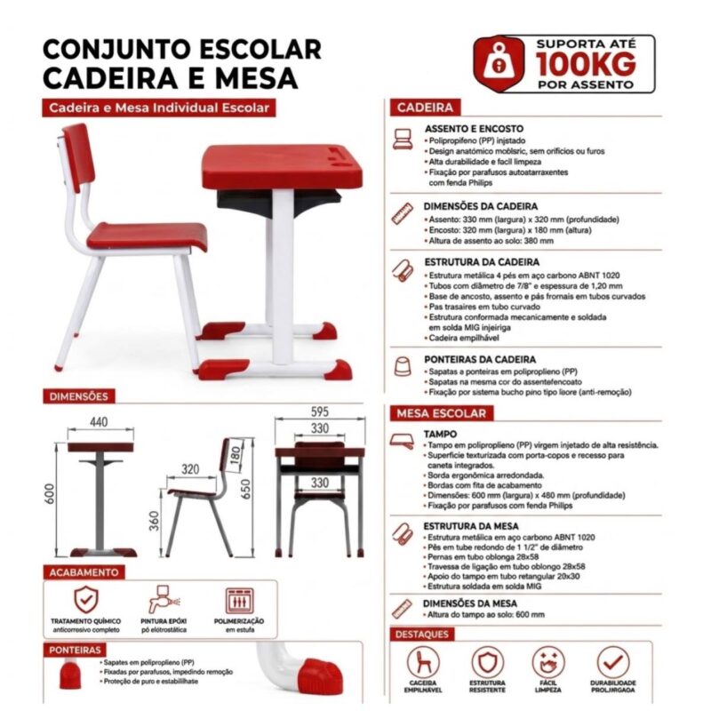 Conjunto Escolar Vermelho com Mesa e Cadeira 03 a 06 Anos