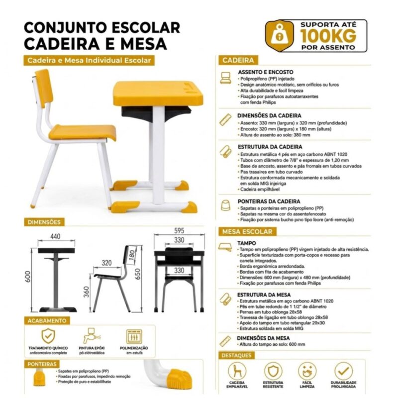 Conjunto Escolar Amarelo com Mesa e Cadeira 03 a 06 Anos