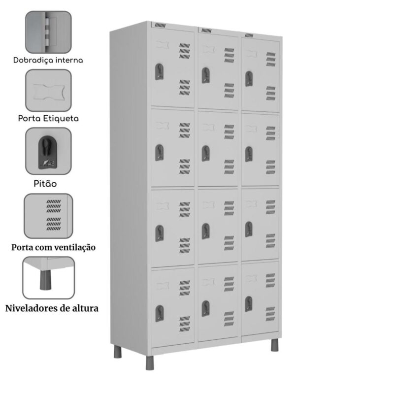 15139107622 Roupeiro 1 Roupeiro LOCKER de Aço c/ 12 Portas PEQUENAS - 1,76x0,96x0,35m - CZ/CZ - W3 - 11018