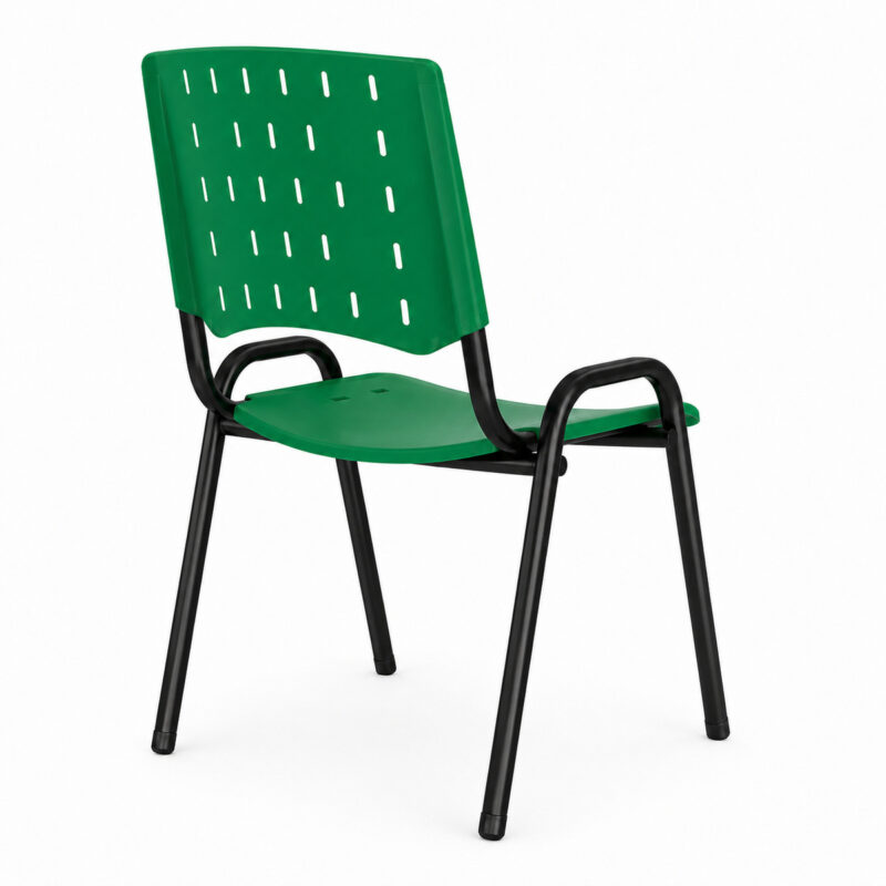 Cadeira Plástica ISO Fixa Verde em vista traseira três quartos, com estrutura tubular preta