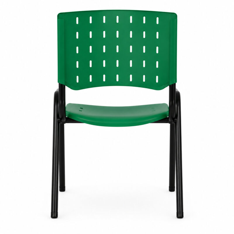 Cadeira Plástica ISO Fixa Verde em vista traseira, com encosto curvo e quatro pés pretos