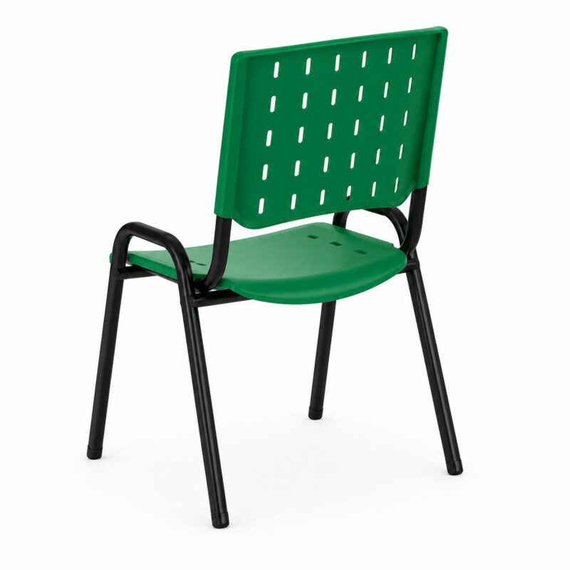 Cadeira Plástica ISO Fixa Verde em perspectiva traseira oposta, com braços integrados