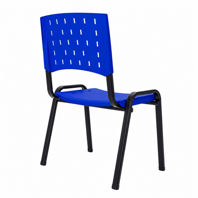 Cadeira Plástica ISO Fixa Azul em perspectiva traseira oposta, com braços integrados