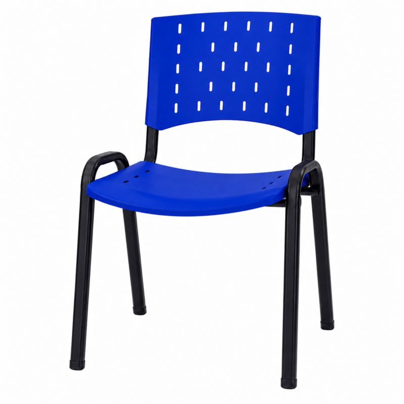 Cadeira Plástica ISO Fixa Azul em vista traseira três quartos, com estrutura tubular preta