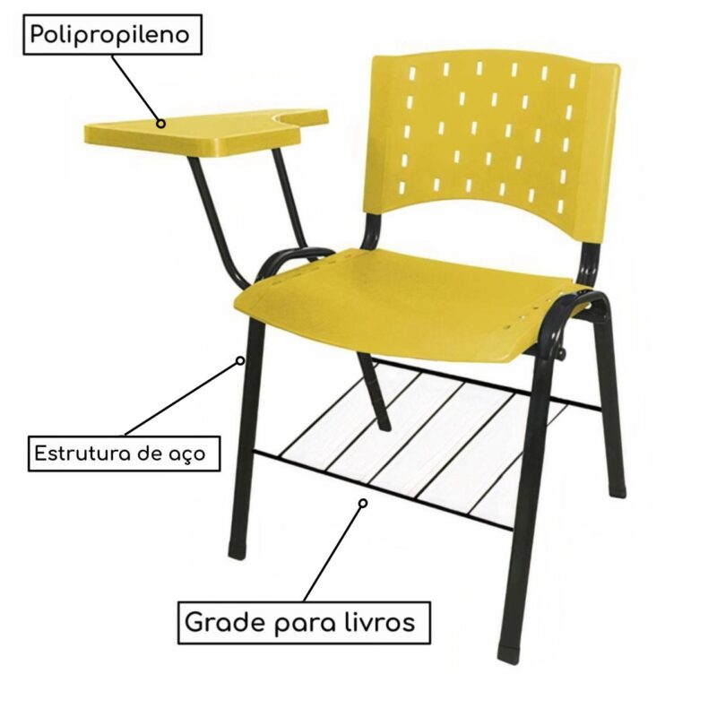 Cadeira Universitária PRANCHETA PLÁSTICA com Porta Livros - Cor Amarelo 32021