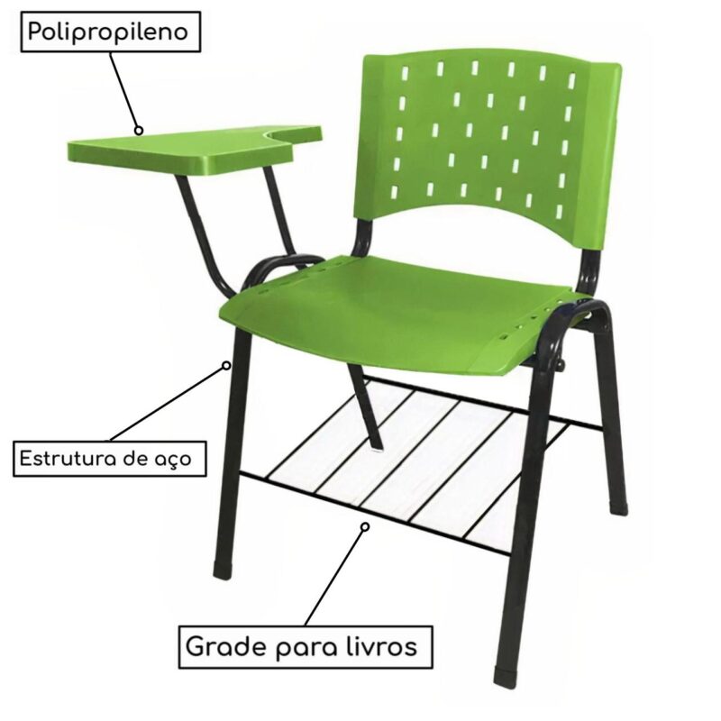 Cadeira Universitária PRANCHETA PLÁSTICA com Porta Livros - Cor Verde 32023