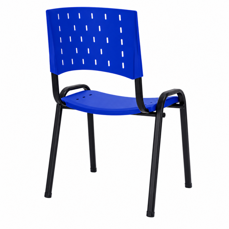 Cadeira Plástica ISO Fixa Azul em perspectiva traseira oposta, com braços integrados