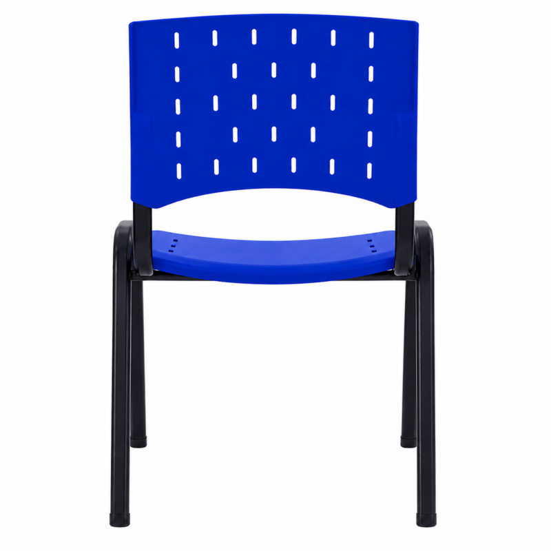 Cadeira Plástica ISO Fixa Azul em vista traseira, com encosto curvo e quatro pés pretos