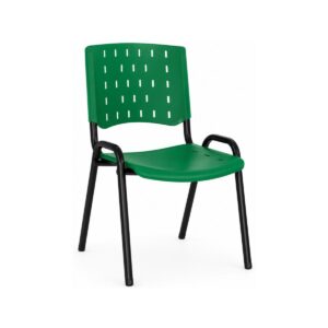 Cadeira Plástica ISO Fixa Verde com Braços em vista frontal três quartos e estrutura tubular preta